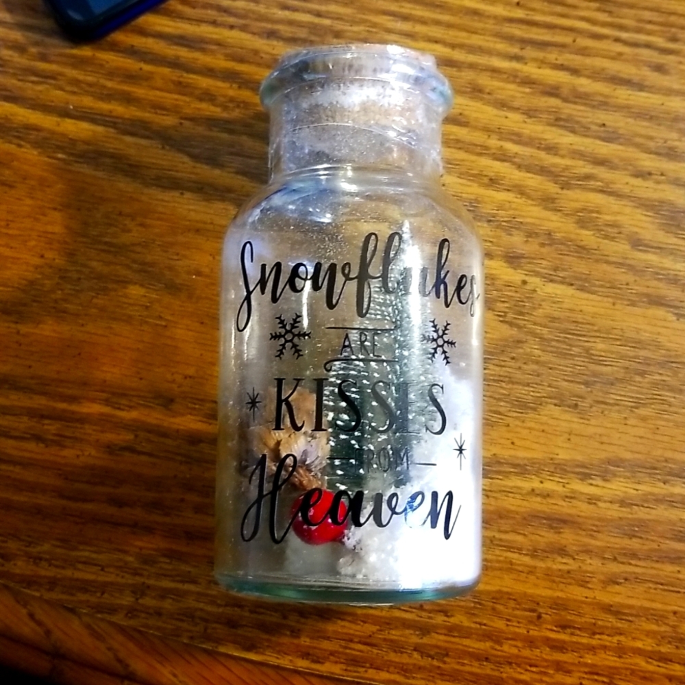 Custom Holiday Glass Jar "Snowflakes are kisses from Heaven Faux Snow